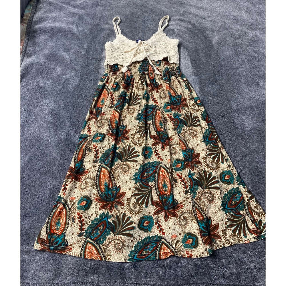 Boho Rustic Cottagecore Paisley Crochet Bodice Smocked Midi Summer Dress